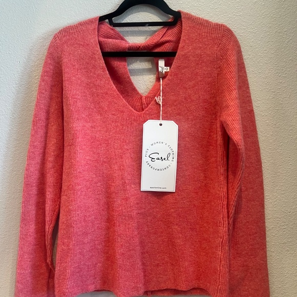 New Easel Sweater Peach V Neck Keyhole Mid weight Pullover Cozy  Oversized - Picture 2 of 5